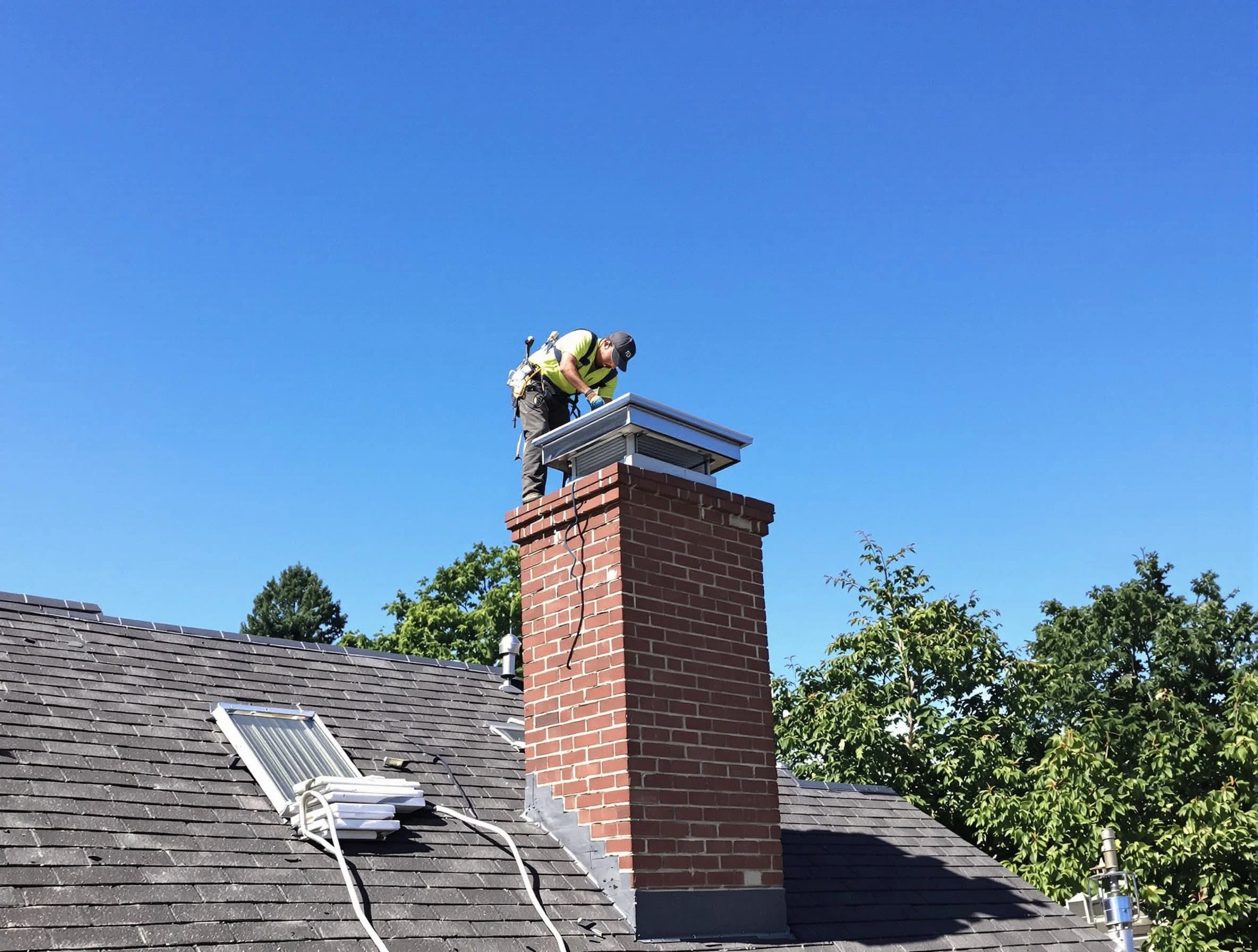 Fort Lupton Chimney Sweep technician measuring a chimney cap in Fort Lupton, CO